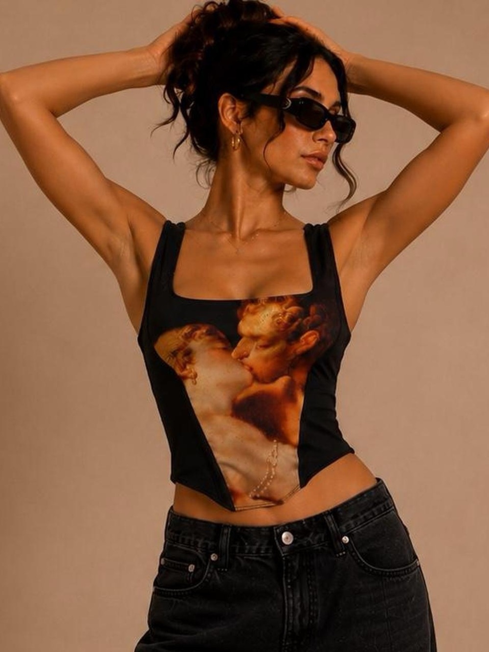 Black Graphic Square-Neck Corset Tank Top - Picture 2 of 5